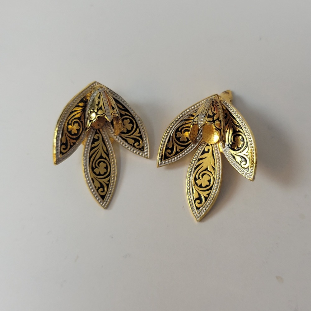 Vintage Damascene Earrings Gold Black Plated‎ Spanish Clip On Ornate Spain